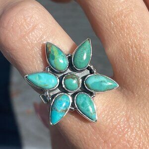 Sterling Silver NATIVE Style Turquoise Cluster Ring Size 6-9 Adj SW Statement